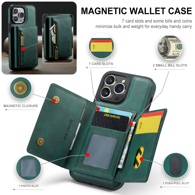 For iPhone 14 Pro Max DG.MING M5 Series Zip RFID Multi Card Detachable Leather Phone Case(Green) - HoMEdemic™ 