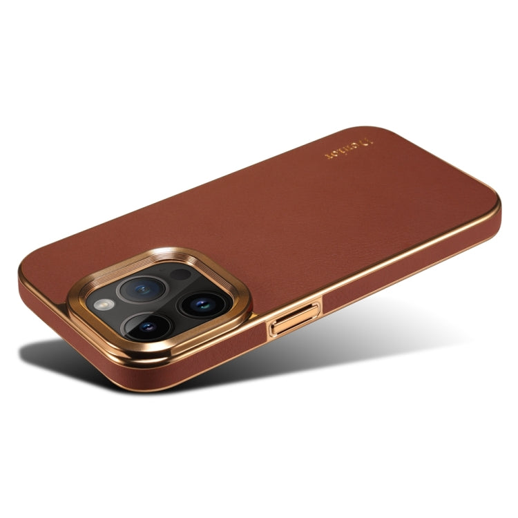 For iPhone 14 Pro Max Denior Cowhide Leather Plating Phone Case(Brown) - HoMEdemic™ 