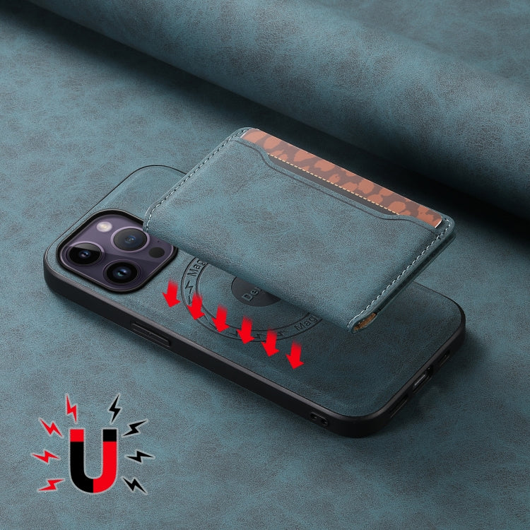 For iPhone 14 Pro Max Denior D13 Retro Texture Leather MagSafe Card Bag Phone Case(Blue) - HoMEdemic™ 