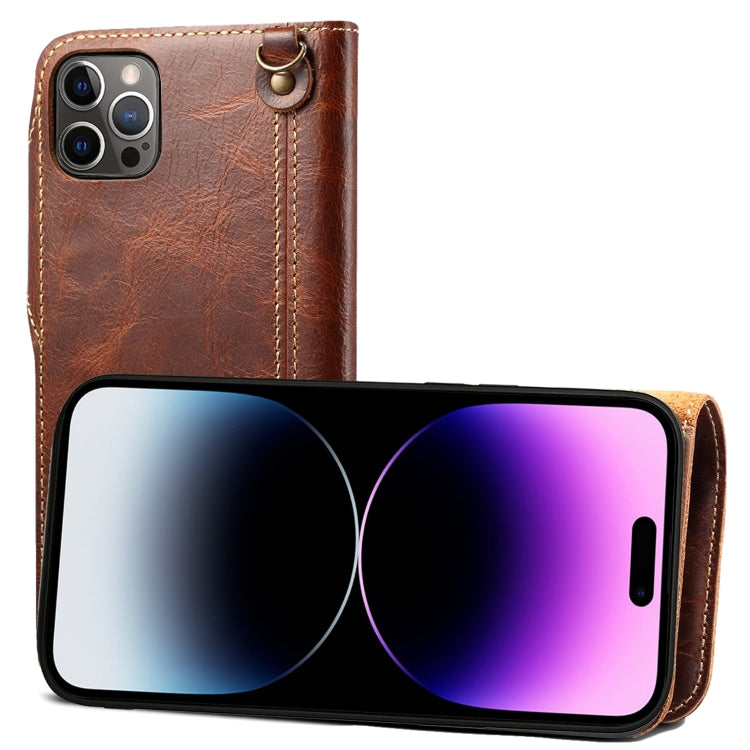 For iPhone 14 Pro Max Denior Oil Wax Cowhide Magnetic Button Genuine Leather Case(Brown) - HoMEdemic™ 