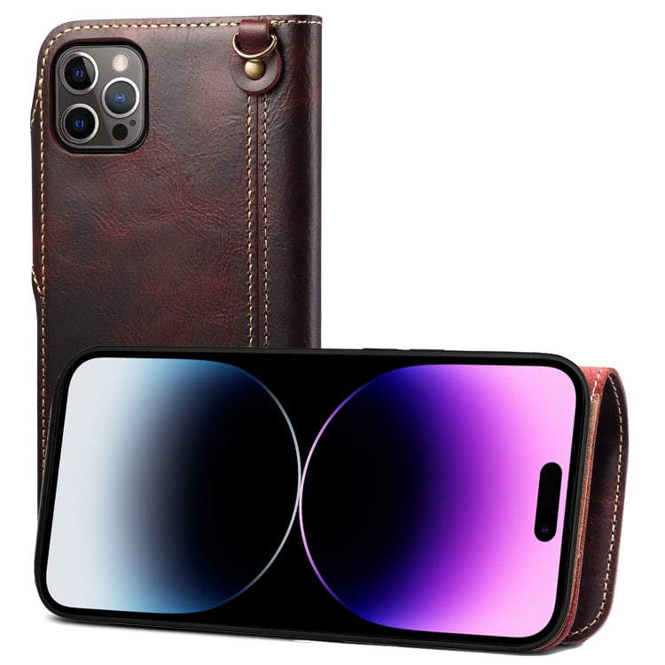 For iPhone 14 Pro Max Denior Oil Wax Cowhide Magnetic Button Genuine Leather Case(Dark Red) - HoMEdemic™ 