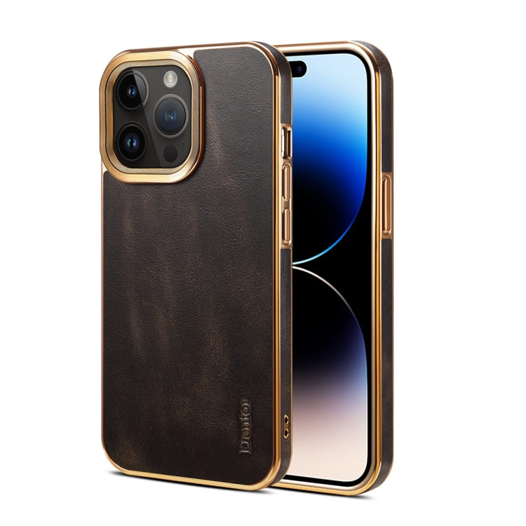 For iPhone 14 Pro Max Denior Oil Wax Cowhide Plating Phone Case(Black) - HoMEdemic™ 