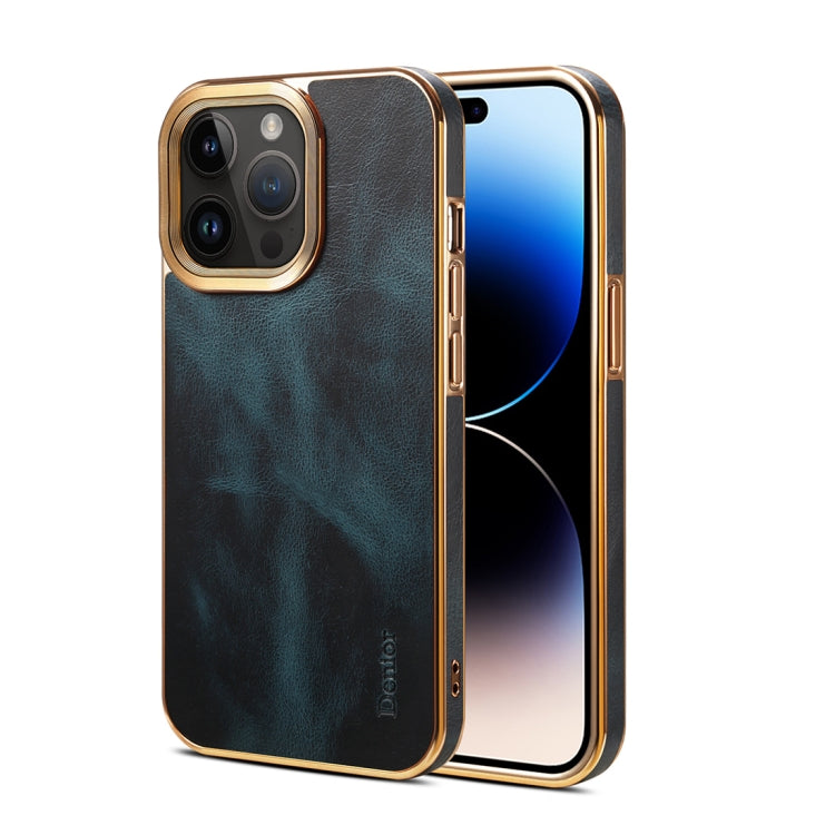 For iPhone 14 Pro Max Denior Oil Wax Cowhide Plating Phone Case(Blue) - HoMEdemic™ 