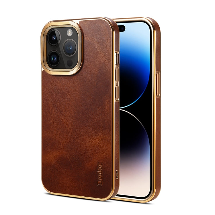 For iPhone 14 Pro Max Denior Oil Wax Cowhide Plating Phone Case(Brown) - HoMEdemic™ 