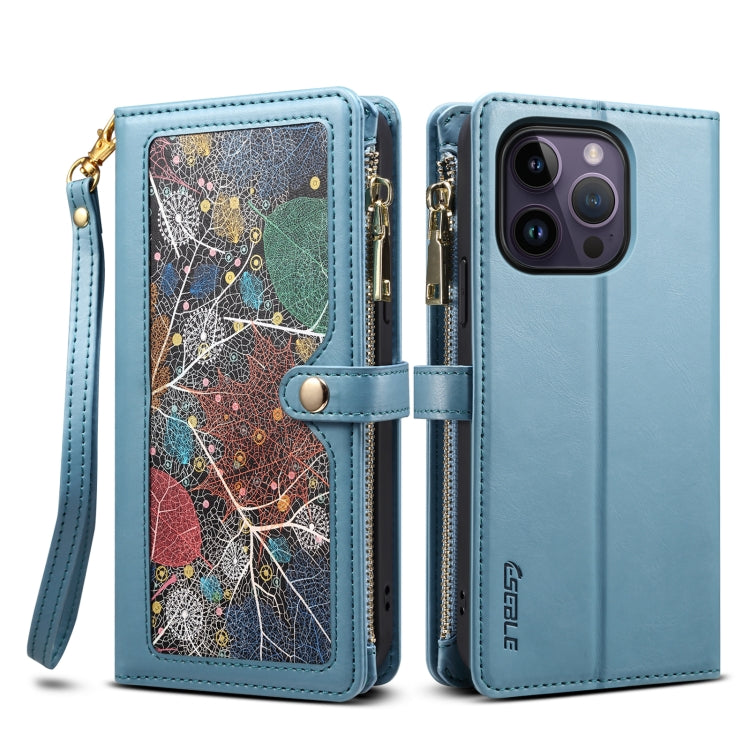 For iPhone 14 Pro Max ESEBLE Star Series Lanyard Zipper Wallet RFID Leather Case(Blue) - HoMEdemic™ 