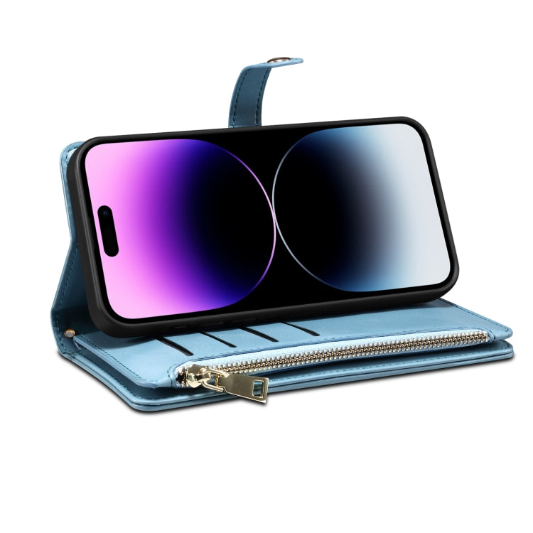 For iPhone 14 Pro Max ESEBLE Star Series Lanyard Zipper Wallet RFID Leather Case(Blue) - HoMEdemic™ 