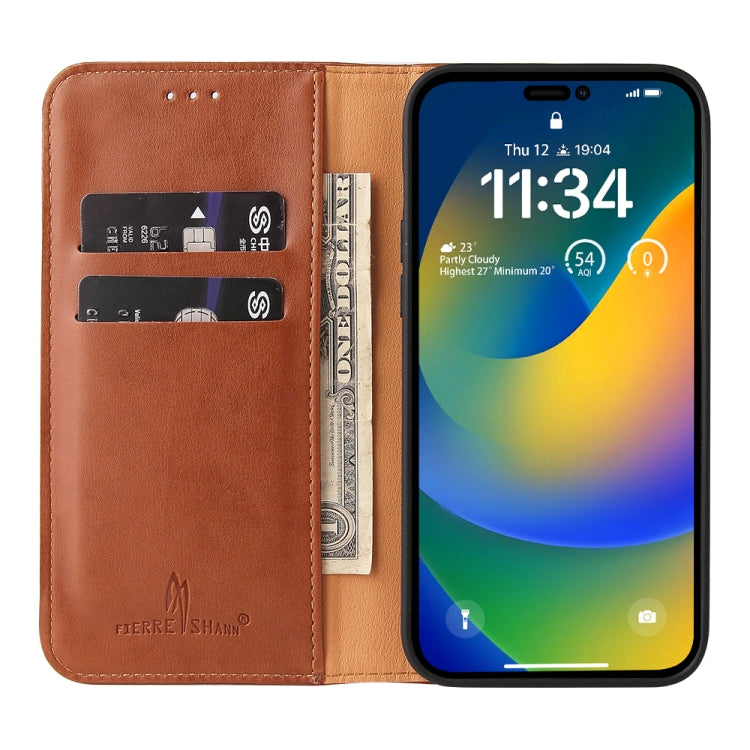 For iPhone 14 Pro Max Fierre Shann PU Genuine Leather Texture Leather Phone Case (Brown) - HoMEdemic™ 