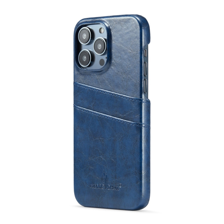 For iPhone 14 Pro Max Fierre Shann Retro Oil Wax Texture PU Leather Case with Card Slots (Blue) - HoMEdemic™ 