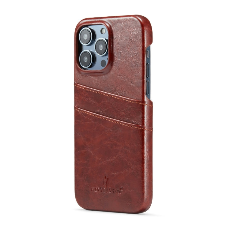 For iPhone 14 Pro Max Fierre Shann Retro Oil Wax Texture PU Leather Case with Card Slots (Brown) - HoMEdemic™ 