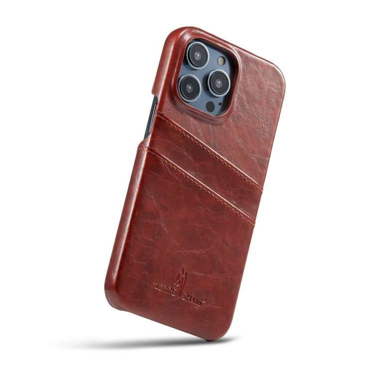 For iPhone 14 Pro Max Fierre Shann Retro Oil Wax Texture PU Leather Case with Card Slots (Brown) - HoMEdemic™ 