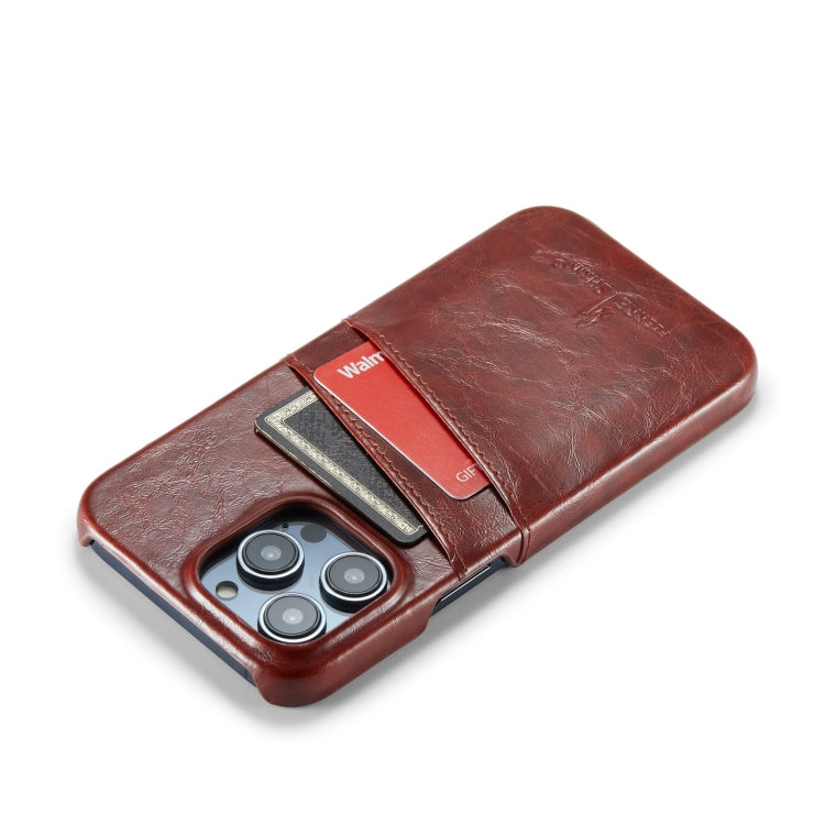 For iPhone 14 Pro Max Fierre Shann Retro Oil Wax Texture PU Leather Case with Card Slots (Brown) - HoMEdemic™ 