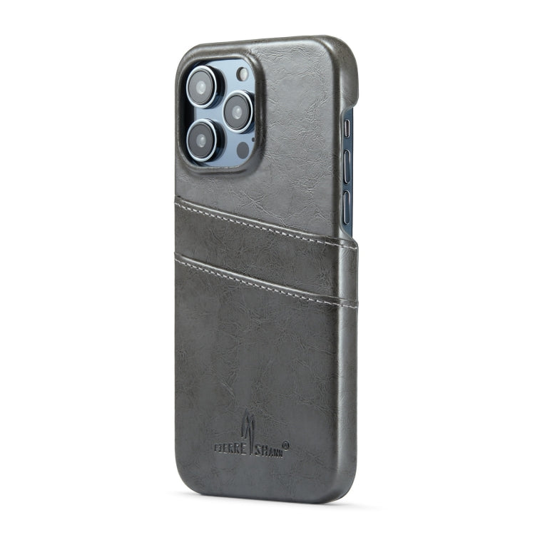 For iPhone 14 Pro Max Fierre Shann Retro Oil Wax Texture PU Leather Case with Card Slots (Grey) - HoMEdemic™ 