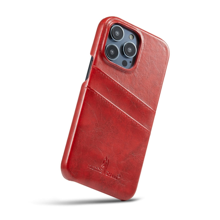 For iPhone 14 Pro Max Fierre Shann Retro Oil Wax Texture PU Leather Case with Card Slots (Red) - HoMEdemic™ 