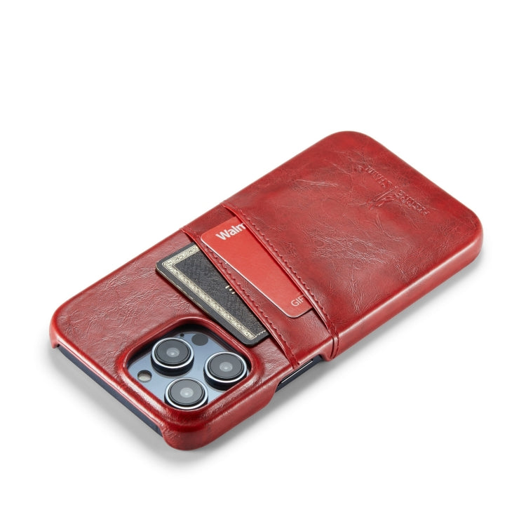 For iPhone 14 Pro Max Fierre Shann Retro Oil Wax Texture PU Leather Case with Card Slots (Red) - HoMEdemic™ 