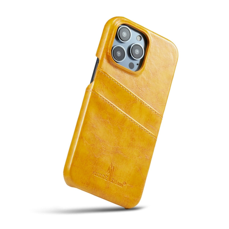For iPhone 14 Pro Max Fierre Shann Retro Oil Wax Texture PU Leather Case with Card Slots (Yellow) - HoMEdemic™ 
