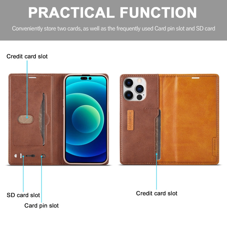 For iPhone 14 Pro Max LC.IMEEKE LC-001 Color Matching Frosted Leather Phone Case (Brown) - HoMEdemic™ 