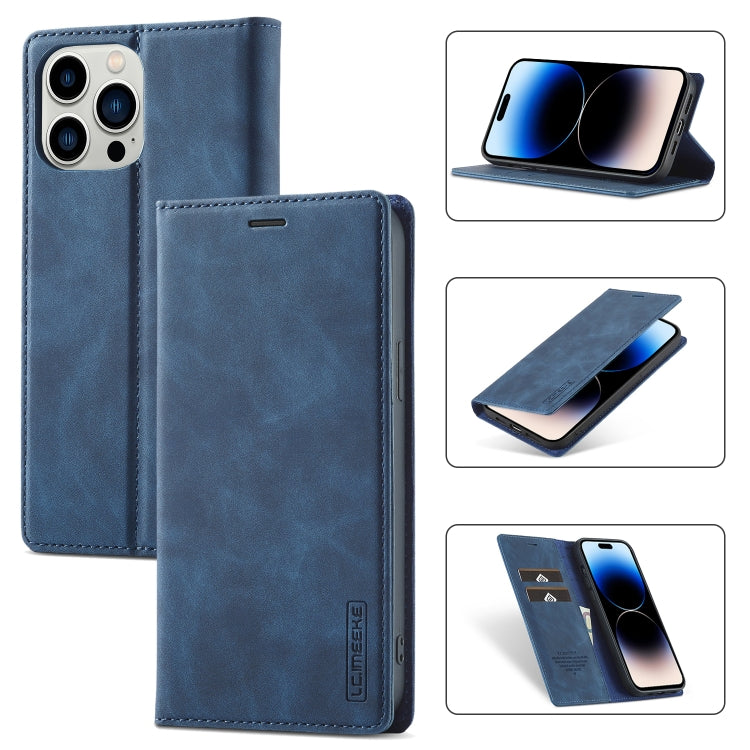 For iPhone 14 Pro Max LC.IMEEKE Strong Magnetic Leather Phone Case with Holder & Card Slots & Wallet (Blue) - HoMEdemic™ 