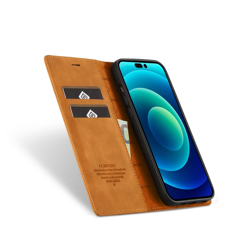 For iPhone 14 Pro Max LC.IMEEKE Strong Magnetic Leather Phone Case with Holder & Card Slots & Wallet (Brown) - HoMEdemic™ 