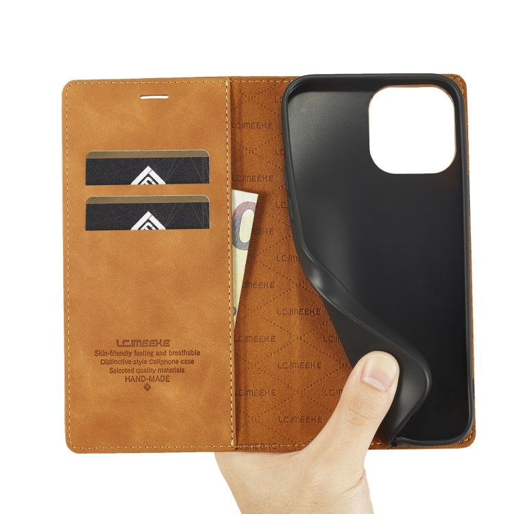 For iPhone 14 Pro Max LC.IMEEKE Strong Magnetic Leather Phone Case with Holder & Card Slots & Wallet (Brown) - HoMEdemic™ 