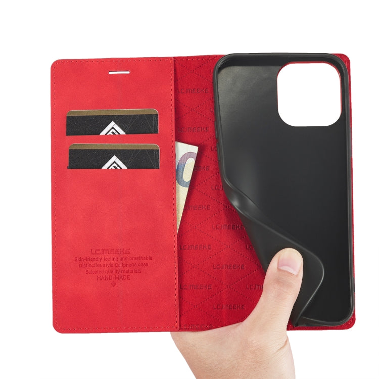 For iPhone 14 Pro Max LC.IMEEKE Strong Magnetic Leather Phone Case with Holder & Card Slots & Wallet (Red) - HoMEdemic™ 