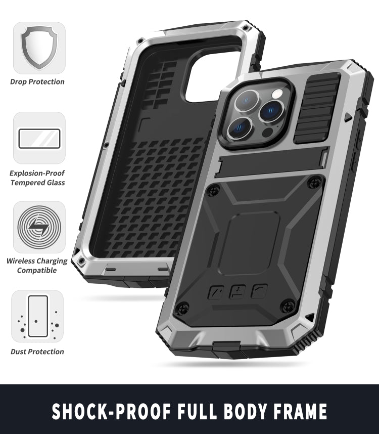 For iPhone 14 Pro Max R-JUST Shockproof Waterproof Dust-proof Case with Holder (Silver) - HoMEdemic™ 