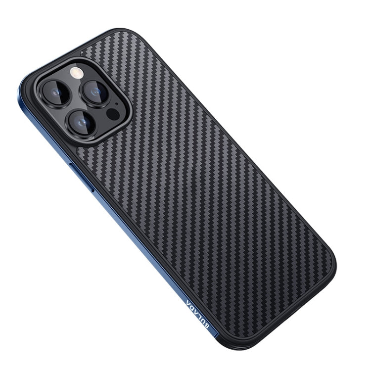For iPhone 14 Pro Max SULADA Carbon Fiber Textured Shockproof Metal + TPU Frame Case(Dark Blue) - HoMEdemic™ 