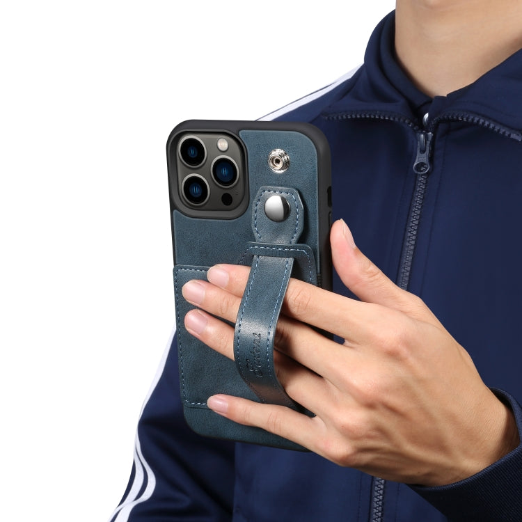 For iPhone 14 Pro Max Suteni 215 Wrist Strap PU Phone Case(Blue) - HoMEdemic™ 