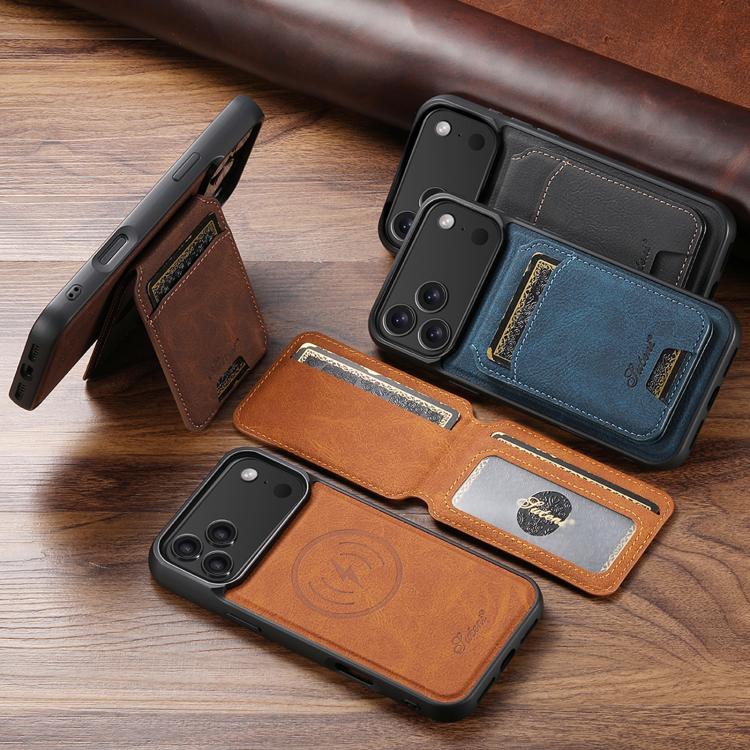 For iPhone 14 Pro Max Suteni H16 Litchi Texture Leather Detachable Wallet Back Phone Case(Khaki) - HoMEdemic™ 