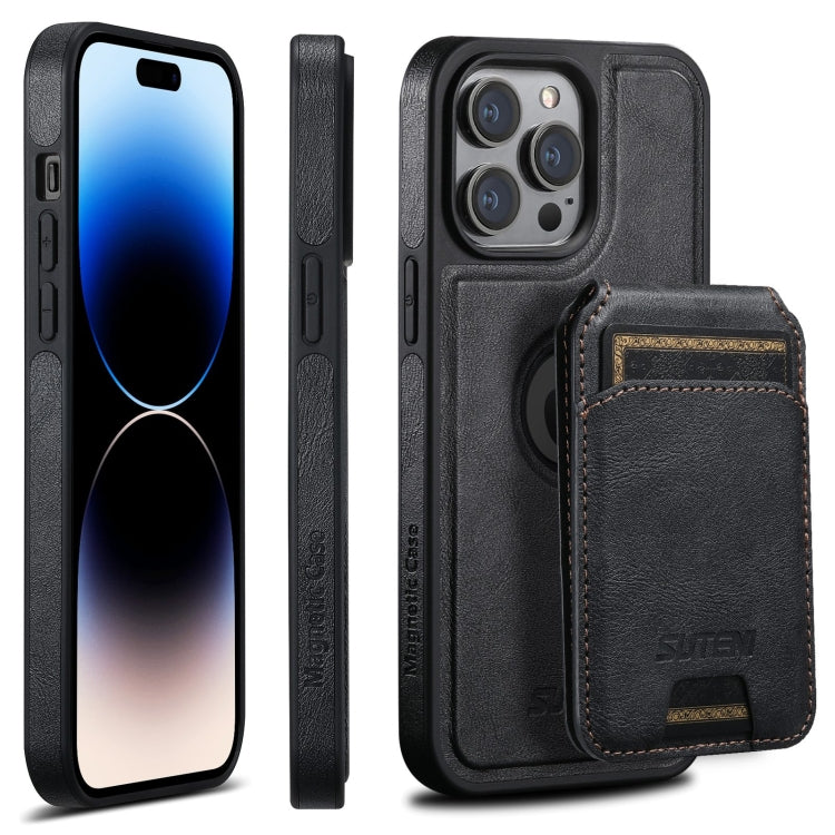 For iPhone 14 Pro Max Suteni M2 Oil Wax MagSafe Horizontal Card Bag Phone Case(Black) - HoMEdemic™ 