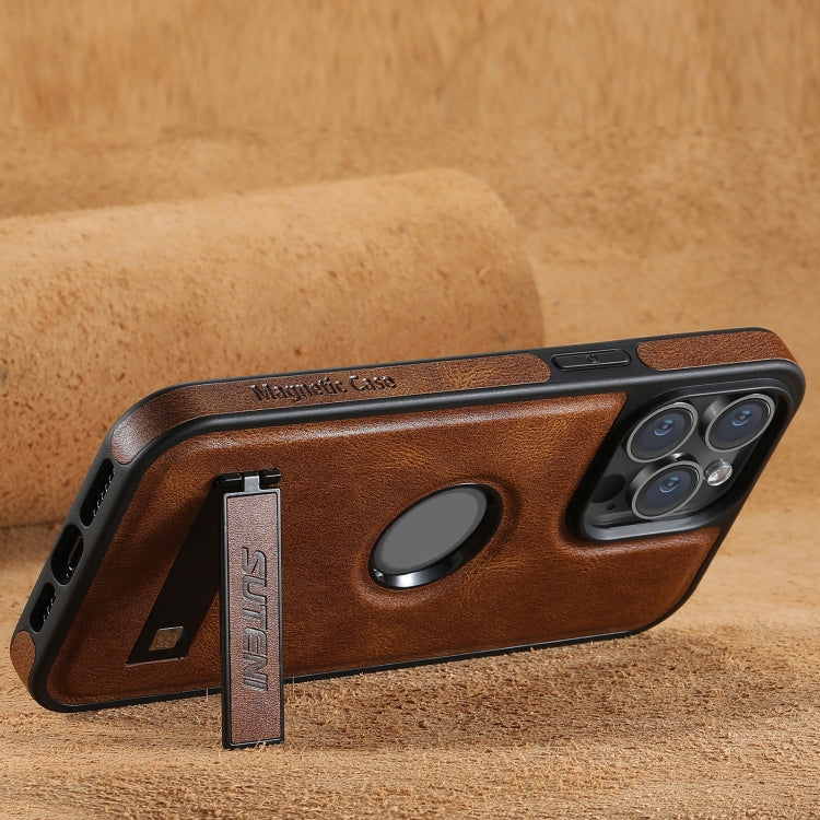 For iPhone 14 Pro Suteni G2 Magsafe Oil Wax Leather Back Phone Case with Holder(Brown) - HoMEdemic™ 