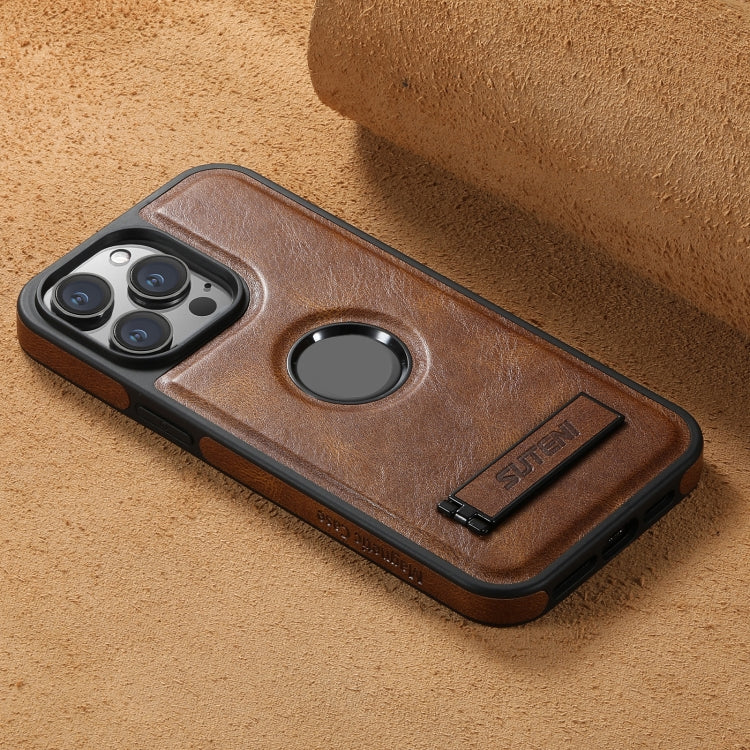 For iPhone 14 Pro Suteni G2 Magsafe Oil Wax Leather Back Phone Case with Holder(Brown) - HoMEdemic™ 