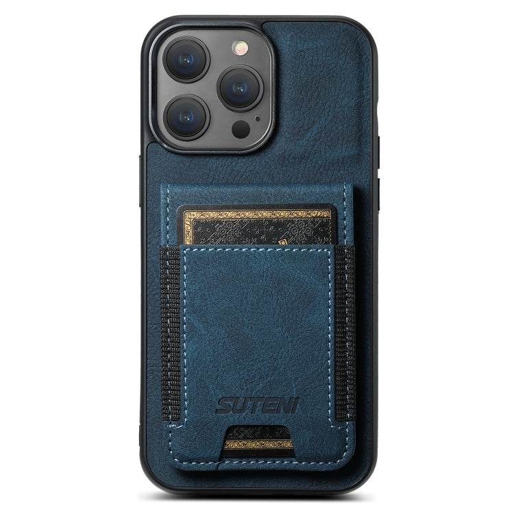 For iPhone 14 Pro Suteni H03 Litchi Leather Card Bag Stand Back Phone Case(Blue) - HoMEdemic™ 