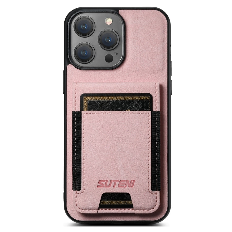 For iPhone 14 Pro Suteni H03 Litchi Leather Card Bag Stand Back Phone Case(Pink) - HoMEdemic™ 