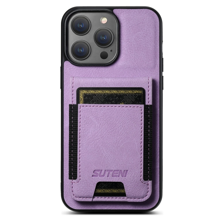 For iPhone 14 Pro Suteni H03 Litchi Leather Card Bag Stand Back Phone Case(Purple) - HoMEdemic™ 