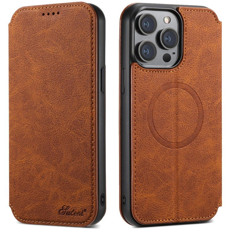 For iPhone 14 Pro Suteni J06 Retro Matte Litchi Texture Leather Magnetic Magsafe Phone Case(Khaki) - HoMEdemic™ 