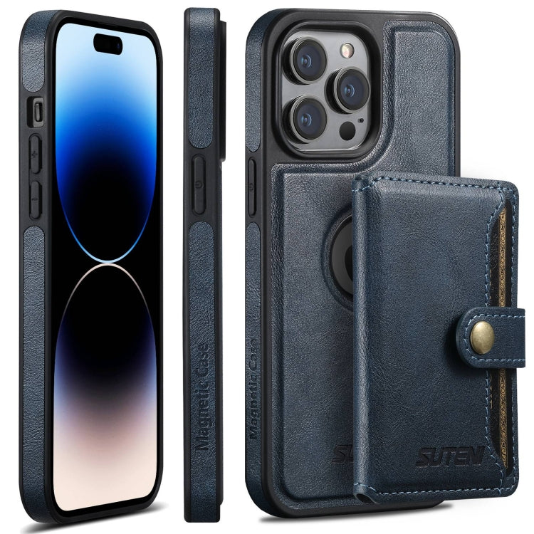 For iPhone 14 Pro Suteni M1 Oil Wax MagSafe Detachable Horizontal Card Bag Phone Case(Blue) - HoMEdemic™ 