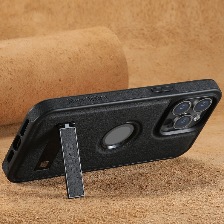 For iPhone 14 Suteni G2 Magsafe Litchi Texture Leather Back Phone Case with Holder(Black) - HoMEdemic™ 