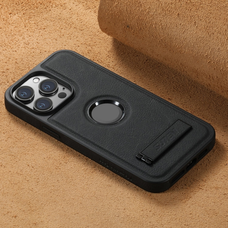 For iPhone 14 Suteni G2 Magsafe Litchi Texture Leather Back Phone Case with Holder(Black) - HoMEdemic™ 