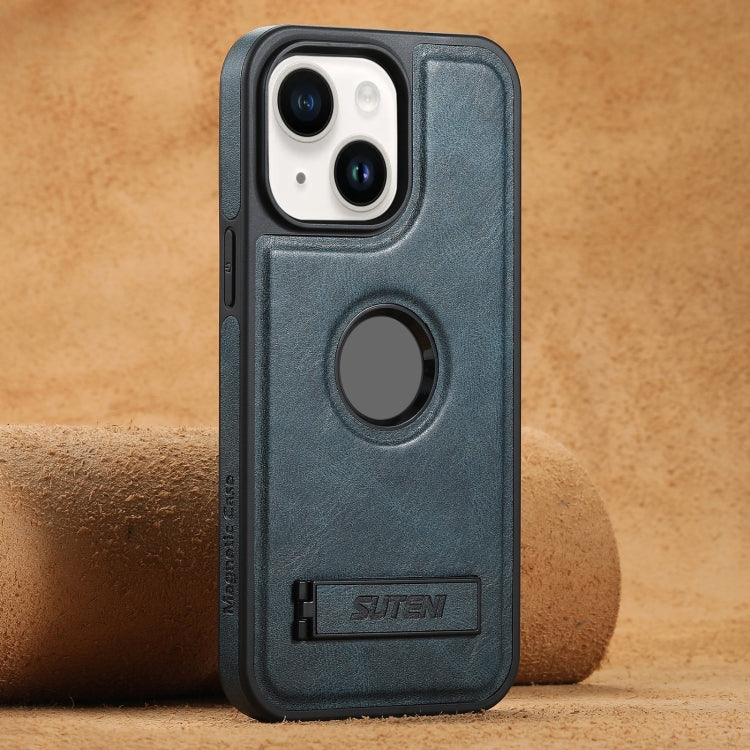 For iPhone 14 Suteni G2 Magsafe Oil Wax Leather Back Phone Case with Holder(Blue) - HoMEdemic™ 