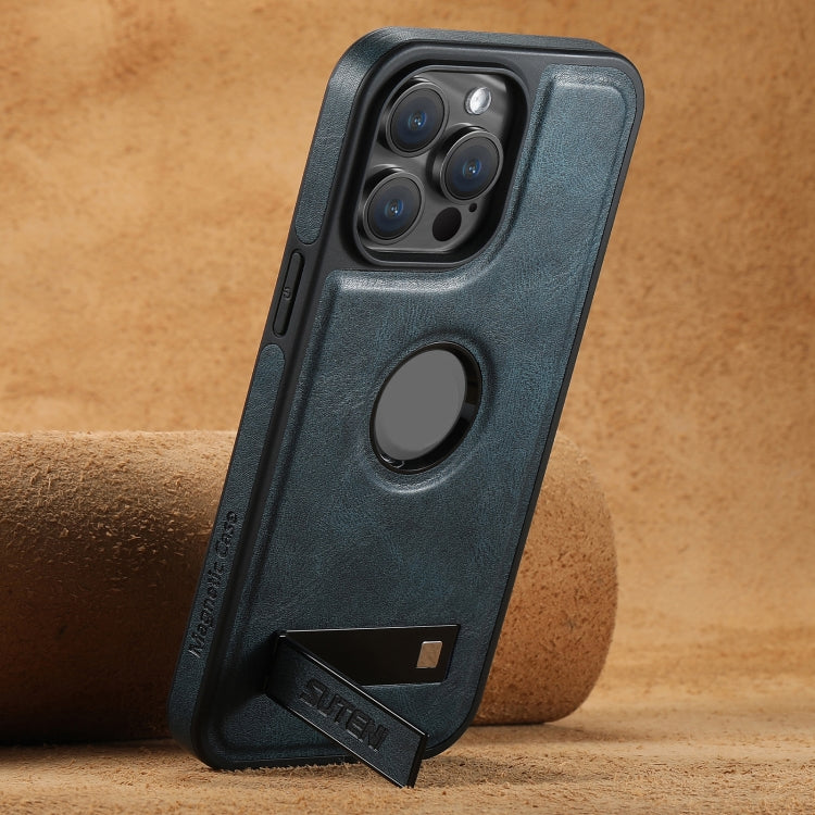 For iPhone 14 Suteni G2 Magsafe Oil Wax Leather Back Phone Case with Holder(Blue) - HoMEdemic™ 