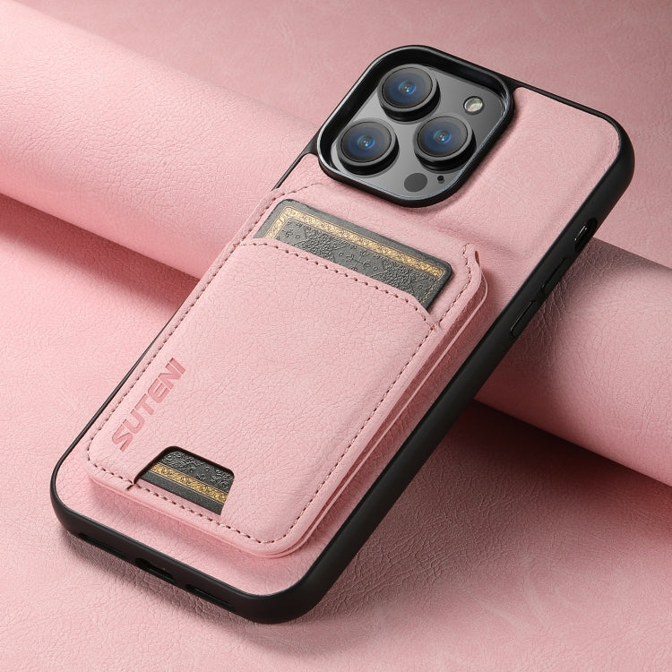 For iPhone 14 Suteni H02 Litchi Leather Card Wallet Stand Back Phone Case(Pink) - HoMEdemic™ 