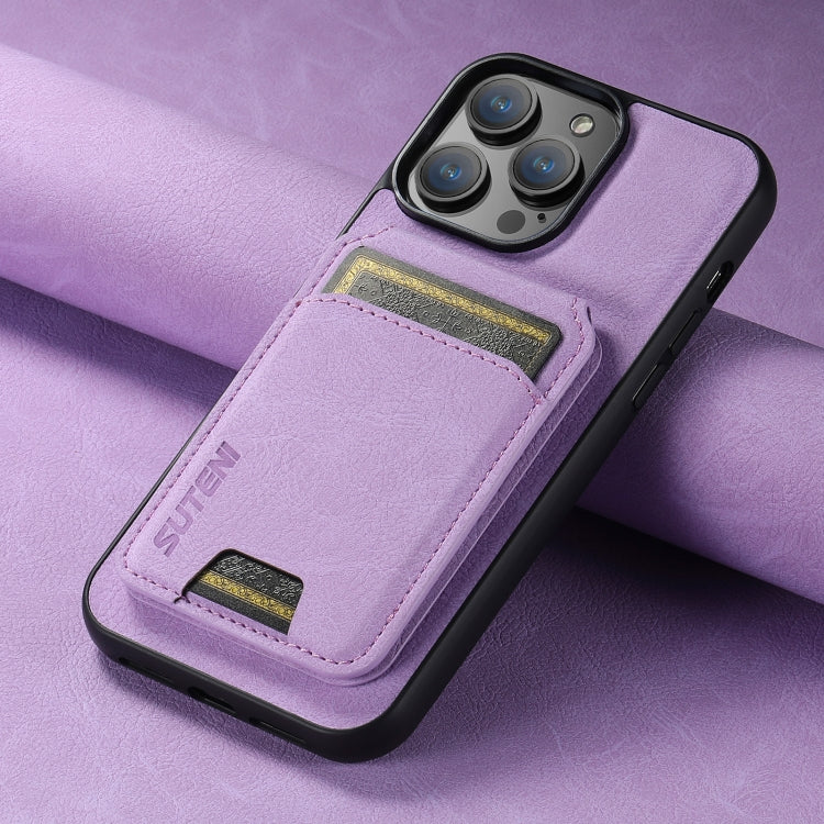 For iPhone 14 Suteni H02 Litchi Leather Card Wallet Stand Back Phone Case(Purple) - HoMEdemic™ 