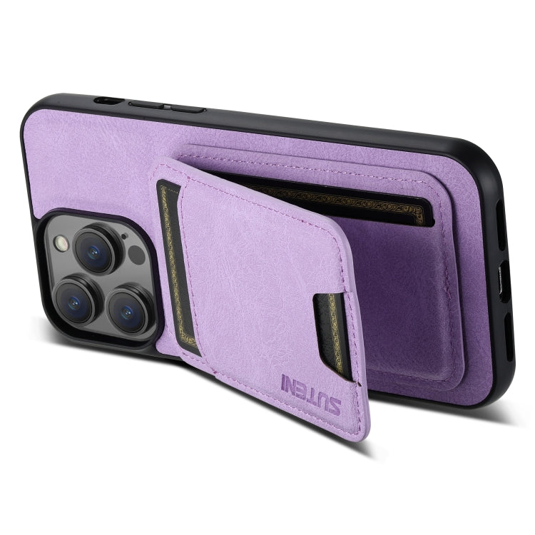 For iPhone 14 Suteni H02 Litchi Leather Card Wallet Stand Back Phone Case(Purple) - HoMEdemic™ 