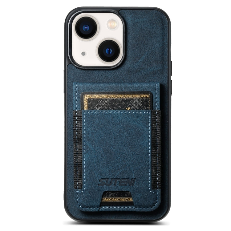 For iPhone 14 Suteni H03 Litchi Leather Card Bag Stand Back Phone Case(Blue) - HoMEdemic™ 