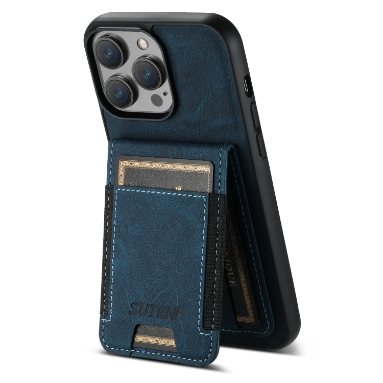 For iPhone 14 Suteni H03 Litchi Leather Card Bag Stand Back Phone Case(Blue) - HoMEdemic™ 
