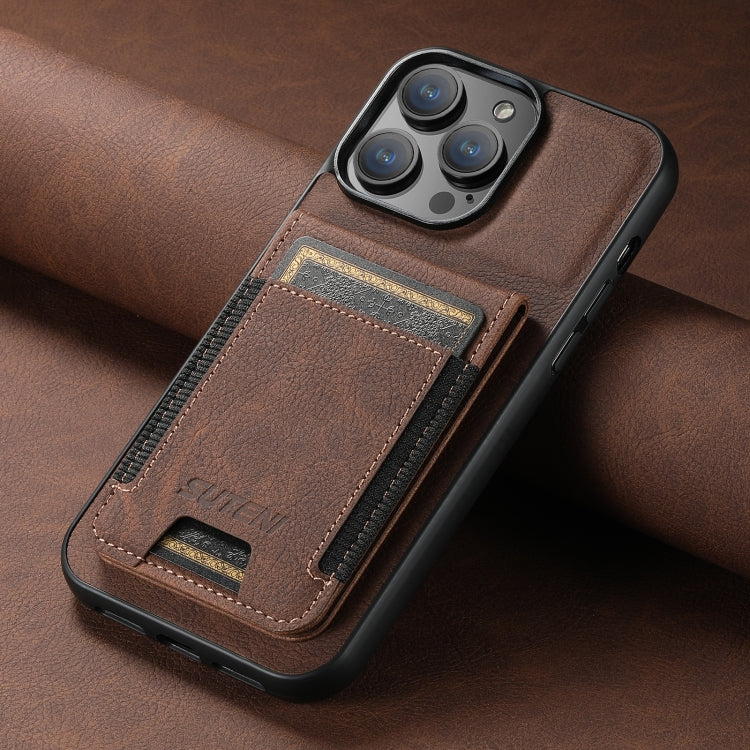 For iPhone 14 Suteni H03 Litchi Leather Card Bag Stand Back Phone Case(Brown) - HoMEdemic™ 