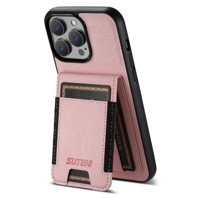 For iPhone 14 Suteni H03 Litchi Leather Card Bag Stand Back Phone Case(Pink) - HoMEdemic™ 