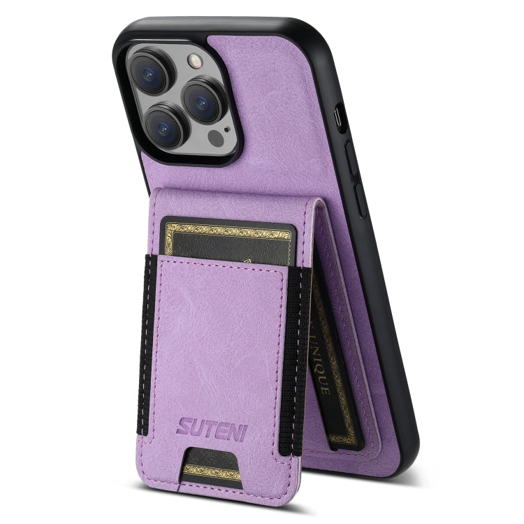 For iPhone 14 Suteni H03 Litchi Leather Card Bag Stand Back Phone Case(Purple) - HoMEdemic™ 