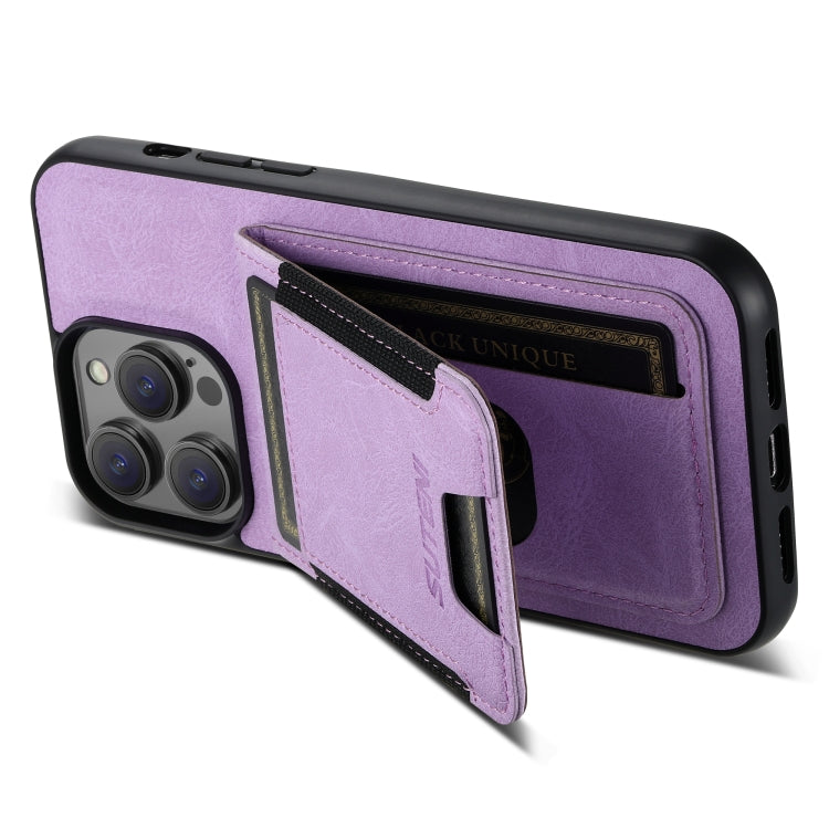 For iPhone 14 Suteni H03 Litchi Leather Card Bag Stand Back Phone Case(Purple) - HoMEdemic™ 