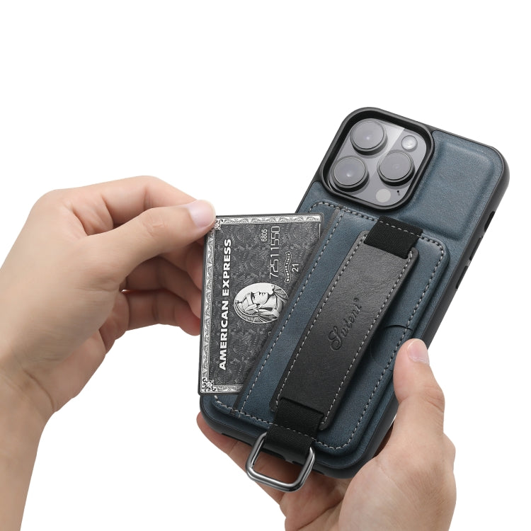 For iPhone 14 Suteni H13 Card Wallet Wrist Strap Holder PU Phone Case(Blue) - HoMEdemic™ 
